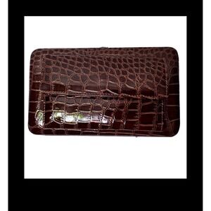 The Metropolitan Brown Croc Embossed Patent Faux Leather Hard Shel Clutch Wallet